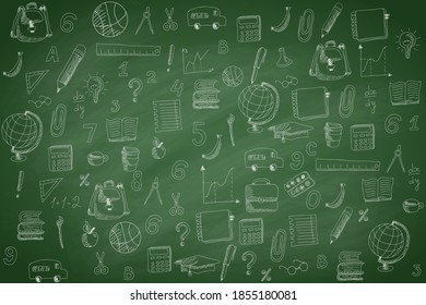 School pattern on green chalkboard background, vector illustration.	
