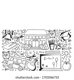 School pattern. Online education. Vector doodle style icons. Mathematis, astronomy, geography, biology, physics.