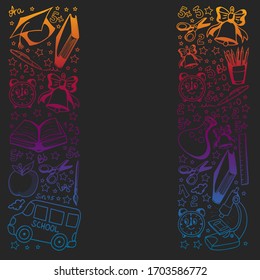 School pattern. Online education. Vector doodle style icons. Mathematis, astronomy, geography, biology, physics.