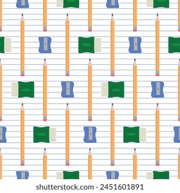 School Pattern - Repetition of Pencil, Eraser and Sharpener on Notebook Paper Background. Seamless Link.