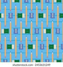 School Pattern - Repetition of Pencil, Eraser and Sharpener on Blue Background. Seamless Link.