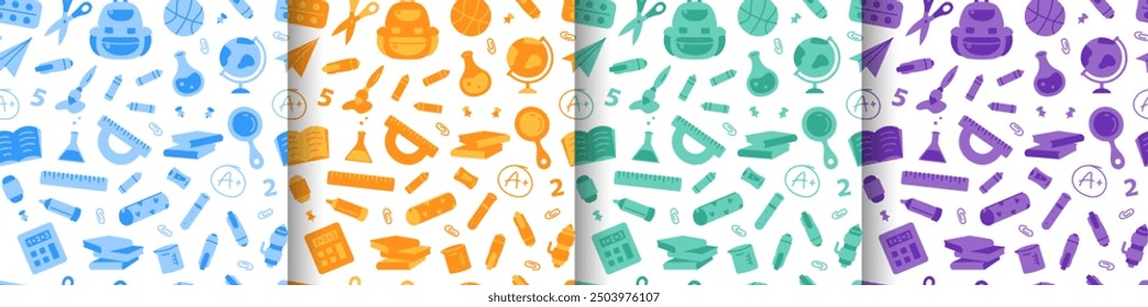 School Pattern set. Concept of school background. School supplies, office stationary. Back to school endless texture, education concept. Vector seamless pattern for print. Pattern set