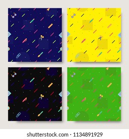 school pattern set with trendy colorful style education supplies such us bell, glass, ruler, pencil, pen, brush for banner, poster, party, super sale offer. vector 10 eps