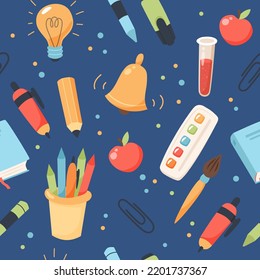 School  pattern. Supplies and equipment for learning. Cute vector illustration in flat cartoon style