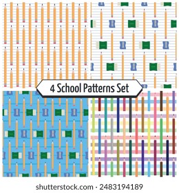 School Patters Set - 4 Patterns of Pencil, Colored Pencils, Eraser and Sharpener on Notebook Paper, Blue and Colorful Striped Backgrounds. Seamless Link.