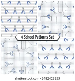 School Patters Set - 4 Scissors Patterns on Gray Striped, Squared Paper Sheet and Notebook Paper Backgrounds. Seamless Link.