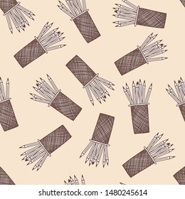 School Pencil Box Seamless. Back To School Sketch Doodle Design. Vector Illustration.