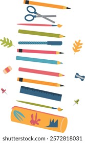 School pencil case with accessories - pencils, pens, brushes, eraser, sharpener, scissors. Isolated vector illustration on transparent background.	