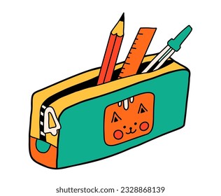 School pencil case cartoon in doodle retro style. Back to school stationery element bold bright. Classic supplies for children education or office work. Fun vector illustration isolated on white.