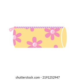 School Pencil Case For Girl With Flowers, Vector Flat Illustration On White Background