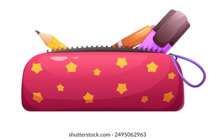 School pencil case with pencil, pen and marker. School stationery, children's tube. Vector element on white background