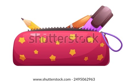 School pencil case with pencil, pen and marker. School stationery, children's tube. Vector element on white background