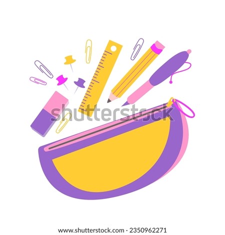 School pencil case with pen, pencil, ruler, paperclips
buttons, ruler, eraser. Concept of September 1, go to school. Flat vector illustration isolated on white background