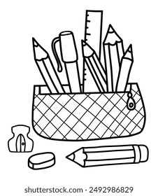 School pencil case with pencils, pens, ruler and sharpener with eraser. Outline hand drawn doodle. Stationery, school accessories, educational items. Vector illustration