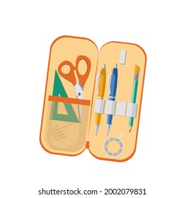 School pencil case with pens, pencil, ruler and scissors, isolated on a white background. Vector illustration in cartoon style. Office supplies