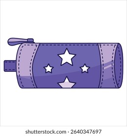School pencil case, purple with stars. Flat vector illustration for kids stationery, education, and study essentials.