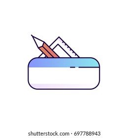 School pencil case with pencil and ruler. Isolated flat line gradient icon. 