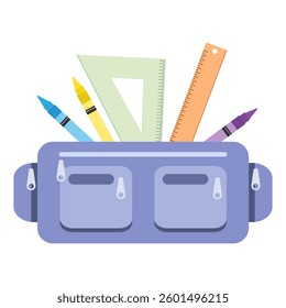 school pencil case with rulers and markers