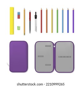 School pencil case with stationery open and closed storage set realistic vector illustration. Purple textile container for carrying ruler pen eraser sharpener compasses colored wooden draw tool