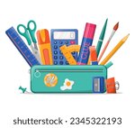 School pencil case with various stationery such as pens, scissors, ruler, calculator, glue. Back to school. Pencil box isolated on white background. Great for design banner, poster, social media, web