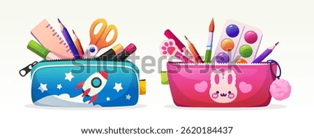 School pencil cases set. Pink and blue bags with stationery, school supplies, pencils, scissors, paints and brushes for education and creativity. Cartoon vector illustration isolated on background
