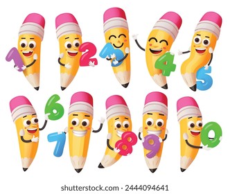 School pencil characters vector set design. Pencil cute cartoon character collection holding educational numbers isolated in white background. Vector illustration pencil characters collection.  
