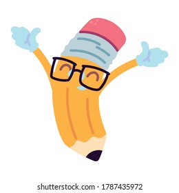 school pencil with happy face cartoon, school supplies vector illustration design