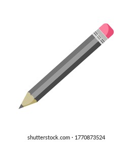 School pencil with rubber isolated on white  background. Vector illustration on flat cartoon style. Design for template, web, app, branding, advertising, card, school