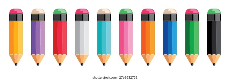 School pencils flat elements clipart set. Collection of colourful school writing pen elements with erasers for art materials and educational supplies vector illustration. 
