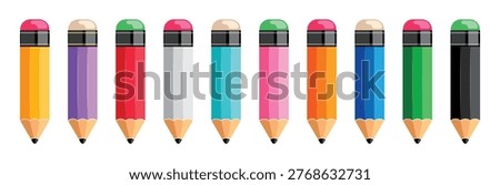 School pencils flat elements clipart set. Collection of colourful school writing pen elements with erasers for art materials and educational supplies vector illustration. 
