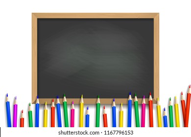 School pencils on blackboard background. Vector illustration