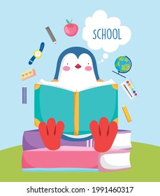 school penguin reading a book