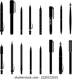 School pens icon black and white collection set