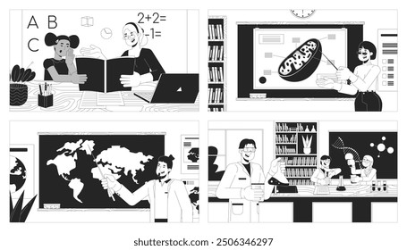 School personnel at work black and white line illustration set. Teachers conducting lessons to students 2D characters monochrome background. Education process scenes vector storytelling images bundle