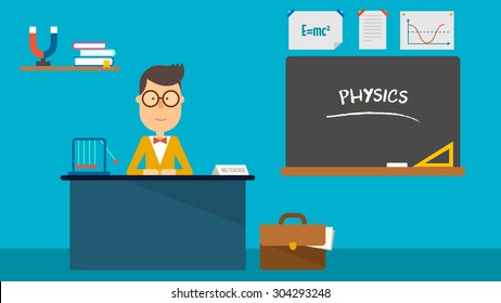 School Physics Teacher In Classroom. Flat Design. Vector Illustration.