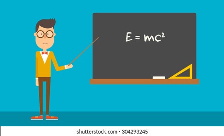 School Physics Teacher Shows Of Formula On Blackboard. Flat Design. Vector Illustration.