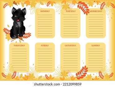 School planner with cute little black cat in colorful autumn design.