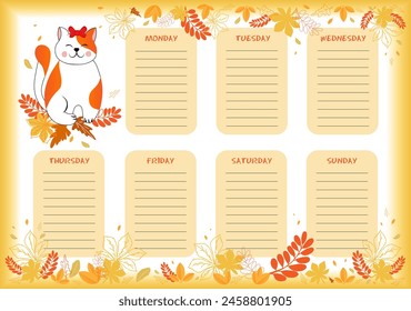 School planner with cute little red cat in colorful autumn design.