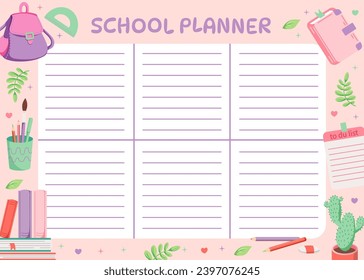 School planner with drawings of stationery. Background for notes with school supplies. Schedule is for 6 days. Hand drawn vector illustration. Kawaii background for girls Kids schedule design template