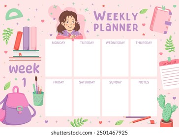 Planificador escolar con dibujos de papelería. Antecedentes de notas con útiles escolares. El horario es de 7 días. Ilustración vectorial dibujada a mano. Fondo kawaii para niñas Plantilla de diseño de horario para niños