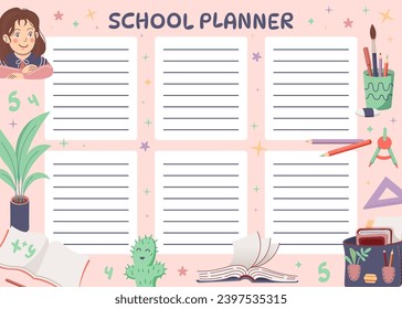 School planner with drawings of stationery and girl. Pink Background for notes. Schedule is for 6 days. Kids schedule design template. Hand drawn cute vector illustration.