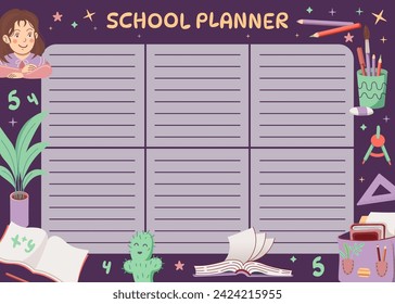 School planner with drawings of stationery and girl. Violet Background for notes. Schedule is for 6 days. Kids schedule design template. Hand drawn cute vector illustration.