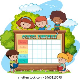 Calendario de planificación escolar con ilustración de caracteres