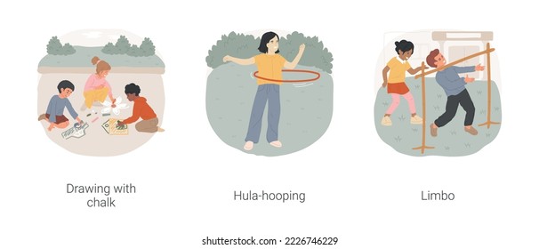 School playground fun isolated cartoon vector illustration set. Drawing with chalk, hula-hooping, limbo game outdoors, break from lessons, leisure time at school, active child vector cartoon.