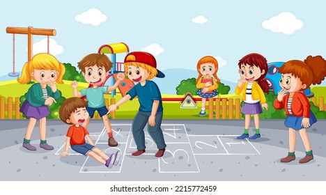 School playground with kids bullying cartoon concept illustration