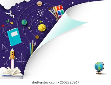 School poster background with education supply over starry sky