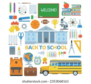 School poster. Blackboard, desk, stack of books with alarm clock, backpack and paper, glasses, laptop, cell phone, headphones. Vector illustration. For poster, flyer. Place for text, icon set