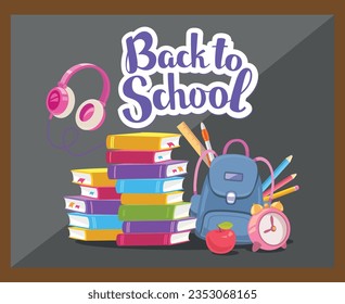 Schulposter. Tafel, Schreibtisch, Bücherstapel mit Wecker, Rucksack und Papier, Brille, Laptop, Handy, Kopfhörer. Vektorgrafik. Für Poster, Flyer. Platz für Text, Symbolsatz