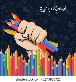 School poster. colored pencils in hand, cute doodles in black background. Vector. Cartoon style 