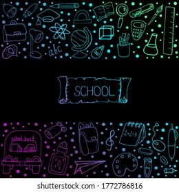 School poster design on a black background.Vector isolated illustration with signs for learning. Doodle style.  School supplies for printing on paper.  Illustration for school. School bus with a sign.
